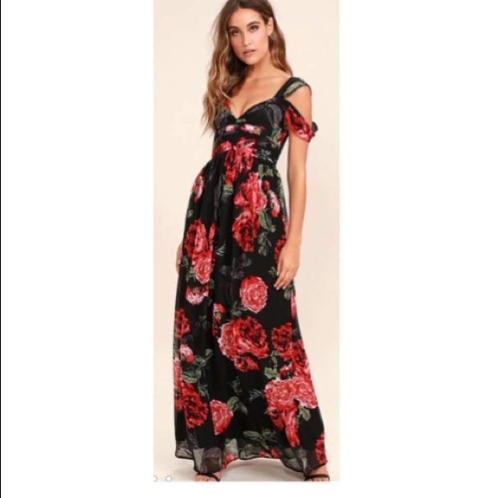 Black, Red rose print cold shoulder maxi dress